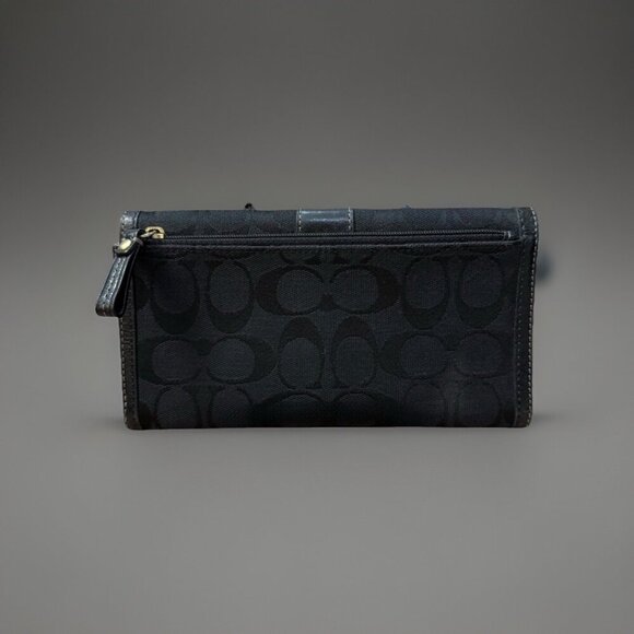 Coach Vtg Black Signature Canvas Jacquard Continental Wallet w Leather Trim - Picture 2 of 3
